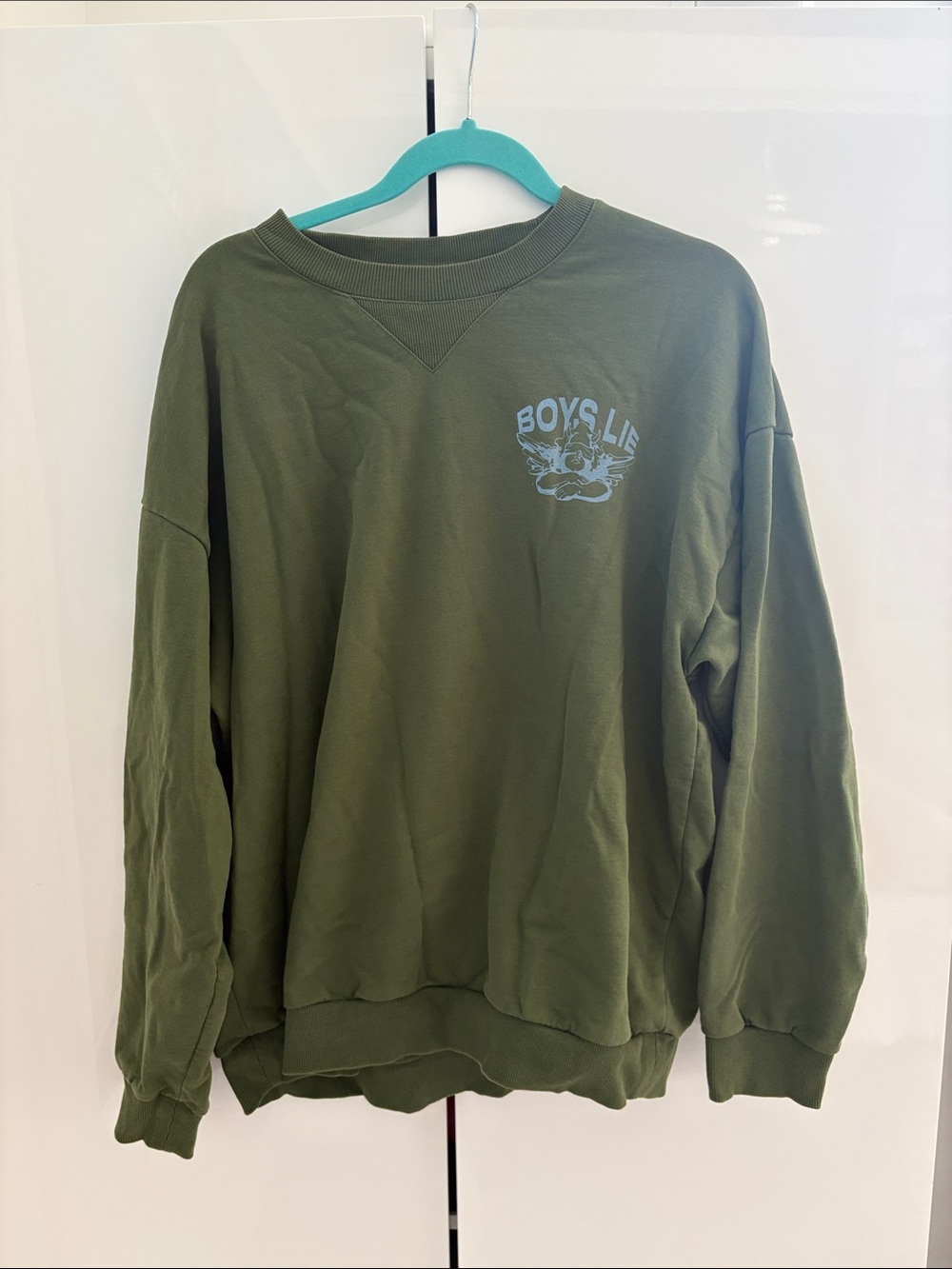 Boys Lie Olive Green Crewneck Sweatshirt with Back Graphic